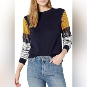 Cable Stitch Crew Neck Pullover Knit Sweater - Womens Size Large - Navy Yellow